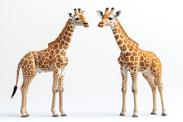 Obraz premium Two Young Giraffes Facing Each Other on White Background