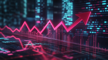 Naklejka premium 3D render of pink arrow pointing up, symbolizing growth and success in financial markets. background features digital data and graphs, conveying sense of progress and innovation
