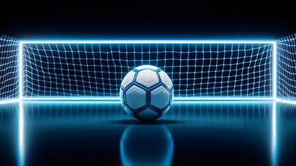 Empty stadium, soccer ball perfectly on the goal line, spotlight effect