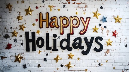 A white brick wall with the words "Happy Holidays" written in black and gold lettering, decorated with stars,


