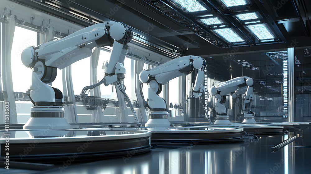 Poster semiconductor manufacturing with 3d rendering robotic arms with silicon wafers