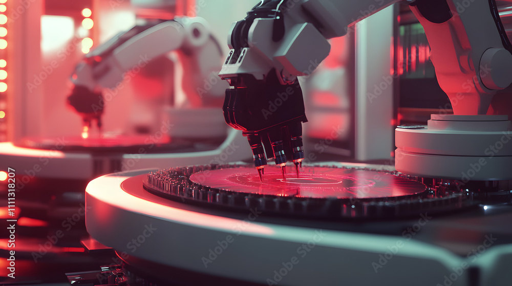 Aufkleber semiconductor manufacturing with 3d rendering robotic arms with silicon wafers