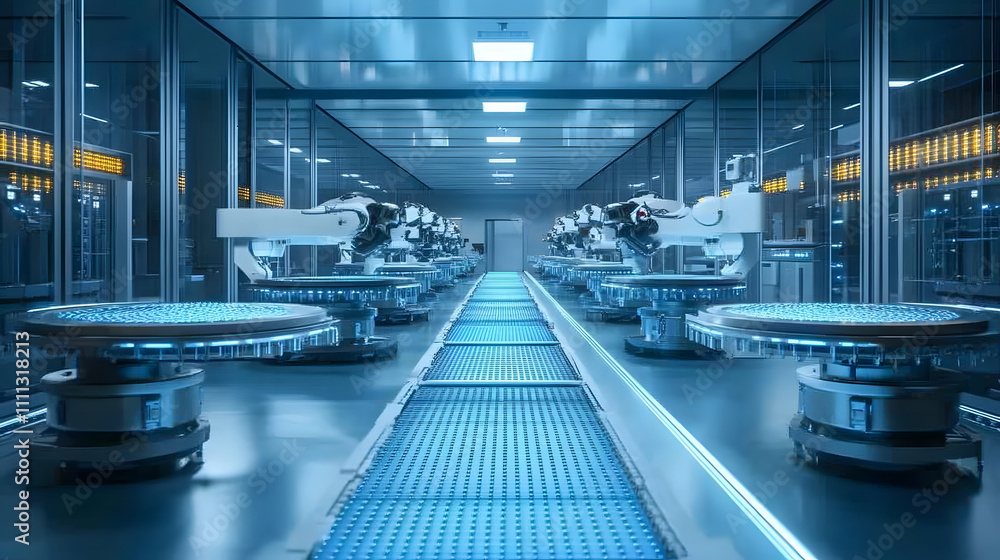 Poster semiconductor manufacturing with 3d rendering robotic arms with silicon wafers