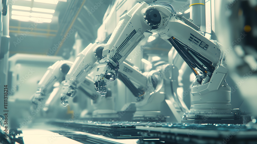 Poster semiconductor manufacturing with 3d rendering robotic arms with silicon wafers