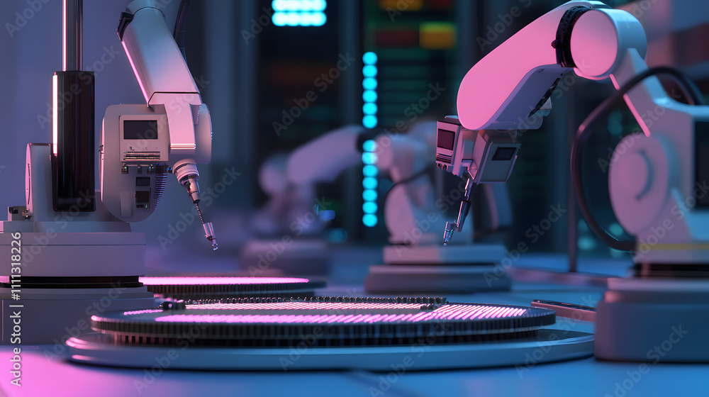 Poster semiconductor manufacturing with 3d rendering robotic arms with silicon wafers