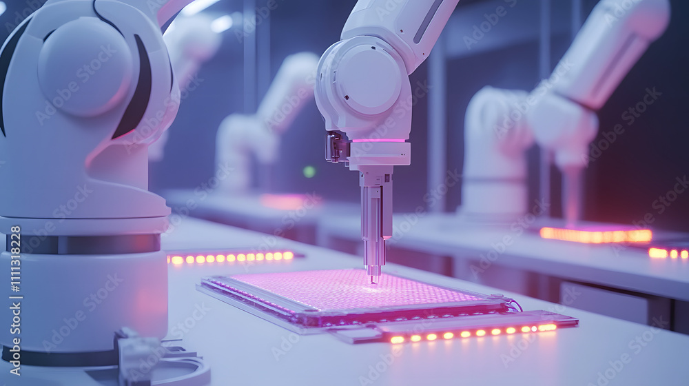 Poster semiconductor manufacturing with 3d rendering robotic arms with silicon wafers