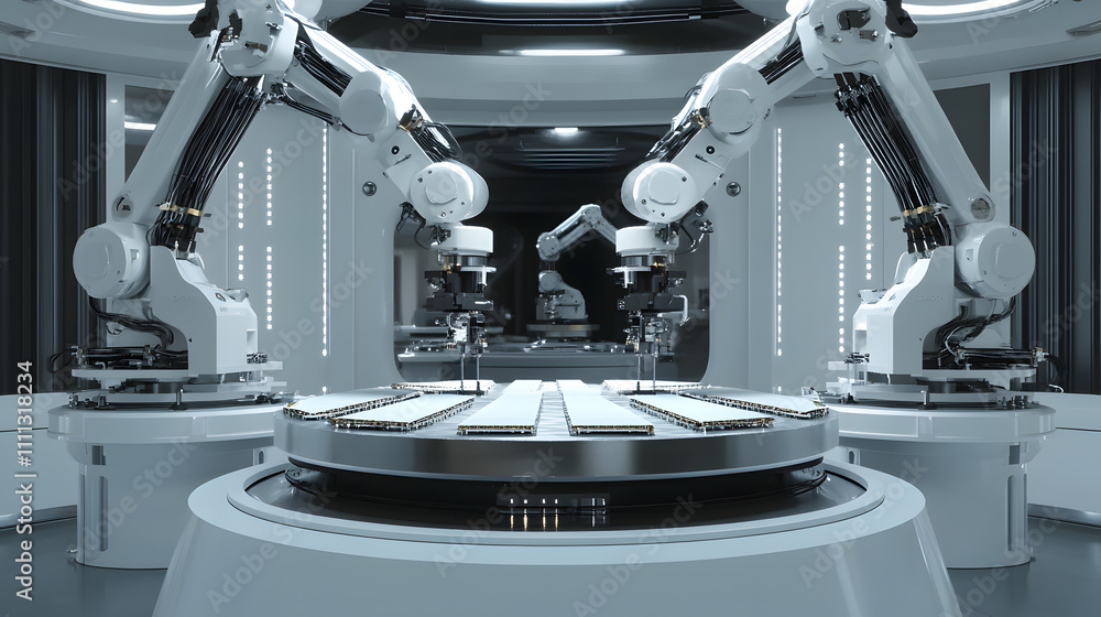 Poster semiconductor manufacturing with 3d rendering robotic arms with silicon wafers