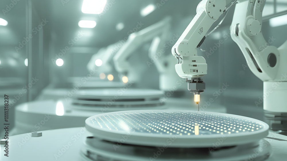 Aufkleber semiconductor manufacturing with 3d rendering robotic arms with silicon wafers