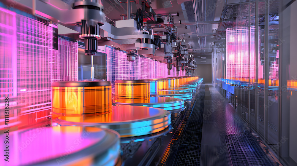 Poster semiconductor manufacturing with 3d rendering robotic arms with silicon wafers