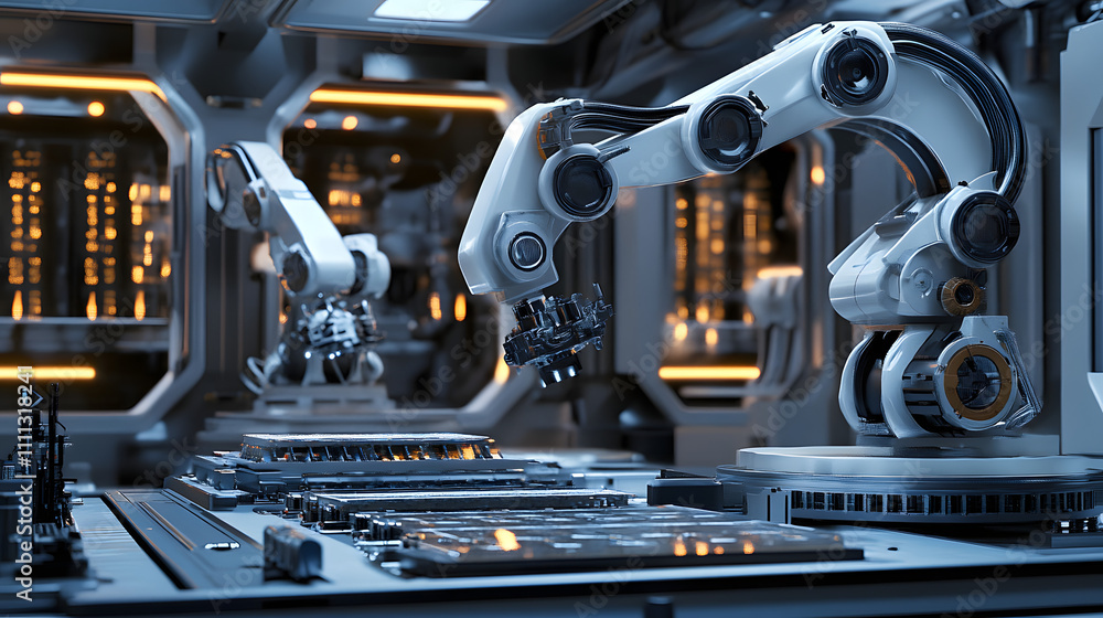 Poster semiconductor manufacturing with 3d rendering robotic arms with silicon wafers