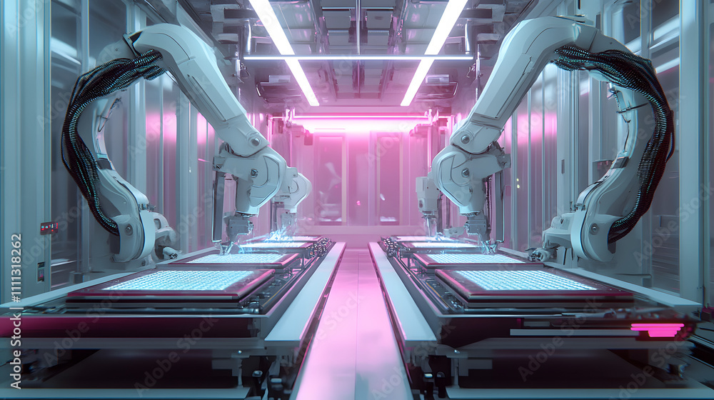 Aufkleber semiconductor manufacturing with 3d rendering robotic arms with silicon wafers