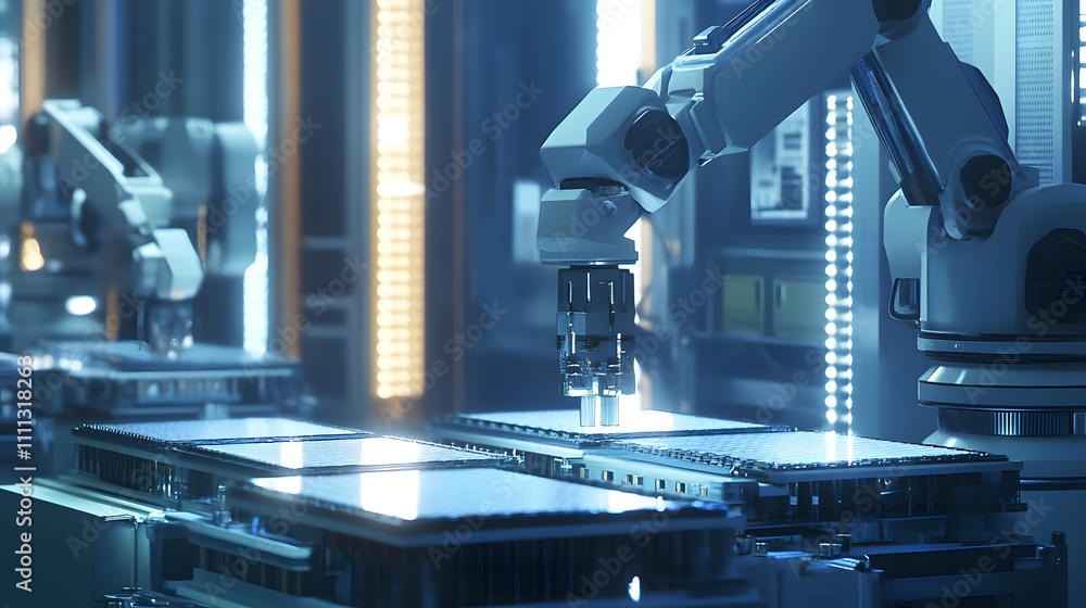 Poster semiconductor manufacturing with 3d rendering robotic arms with silicon wafers
