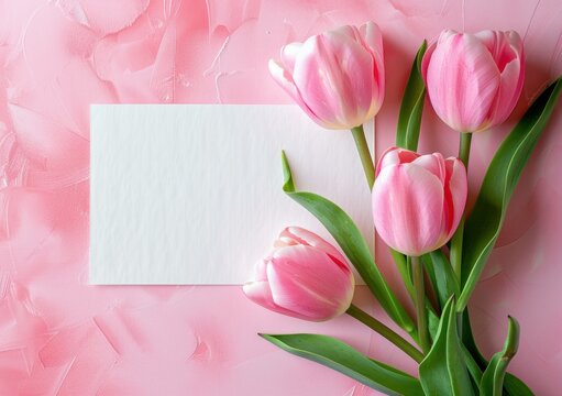Delicate pink tulips arranged on a soft pink background with a blank card nearby, symbolizing love and beauty in springtime.