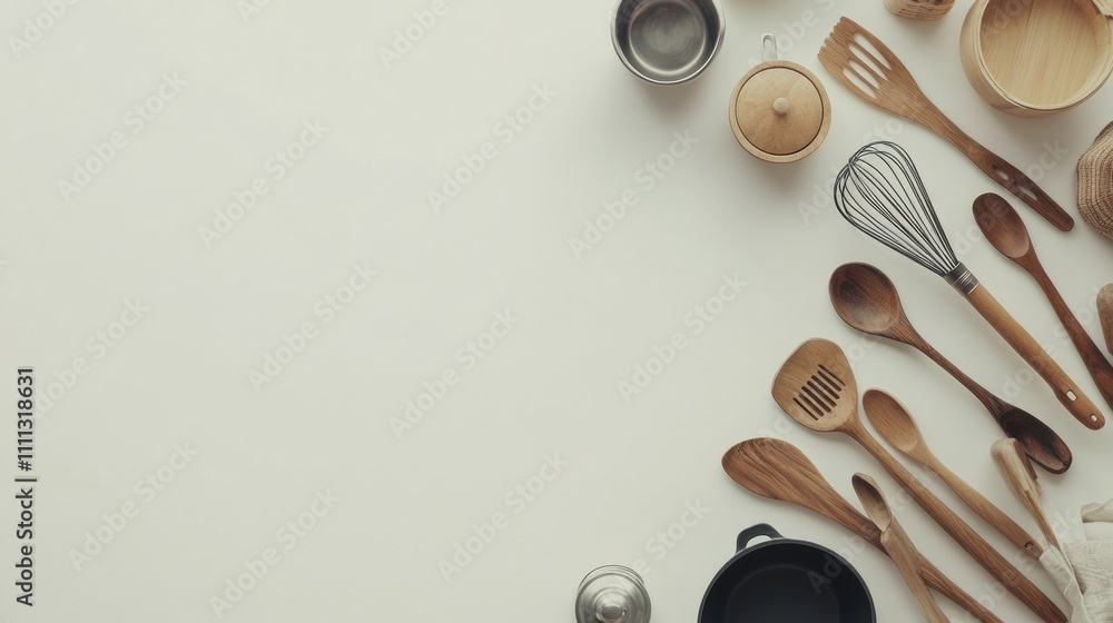 Aufkleber Various kitchen utensils like spatulas, whisks, and small pots are neatly arranged on a white background, creating a clean layout with space for text. Generative AI