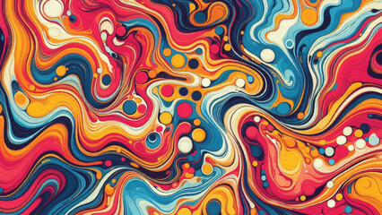 Fototapeta premium Dynamic abstract pattern featuring vibrant swirls of red, blue, yellow, and orange with geometric dots. Ideal for backgrounds, creative designs, art projects, wallpapers, and modern digital textures.