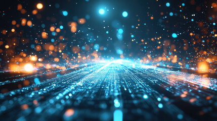 Obraz premium Futuristic digital landscape with glowing particles and light trails, creating sense of depth and motion. This vibrant scene evokes feeling of advanced technology and innovation