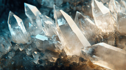 Quartz crystal formation with sharp, clear points reflecting light beautifully, showcasing natural beauty and intricate details