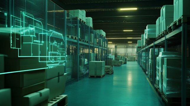 Futuristic warehouse setting where augmented reality technology assists employees in package picking and delivery
