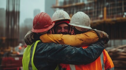 Group of construction workers in hard hats and bright safety vests sharing an embrace at an active construction site
