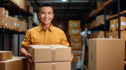 Nice man holding cardboard box, concept of delivery