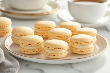 Fototapeta premium A plate of yellow macarons arranged neatly, ready for serving with tea.
