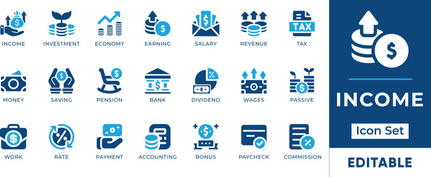 Income and Financial Growth Icons. Salary, Investment, Passive Wealth, and Pension Symbols