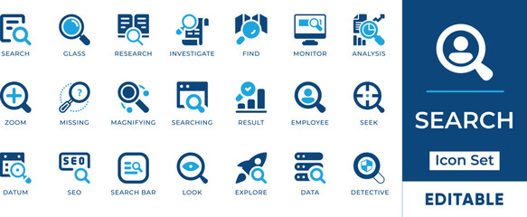 Search Icon Set. Features editable icons for search symbols, find, explore, investigate, data, SEO, and more. Perfect for websites, apps, and digital projects.