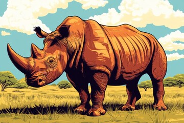 Fototapeta premium A stylized illustration of a rhinoceros in a grassy landscape under a blue sky.