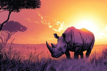Fototapeta premium A stylized rhino stands in a vibrant sunset landscape, highlighting wildlife conservation.