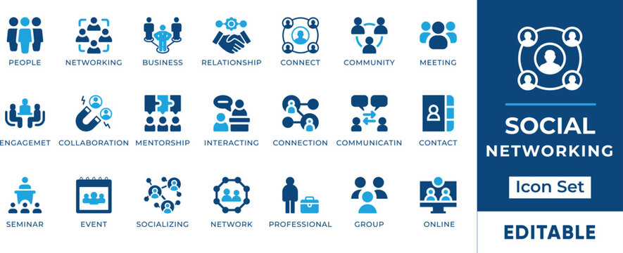 Social Networking Icon Set. Features editable icons for people networking symbols, community, connection, collaboration, meeting, and more. Perfect for social media, business, and online communication