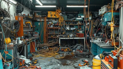 A chaotic and cluttered automotive repair shop overflowing with tools and equipment.