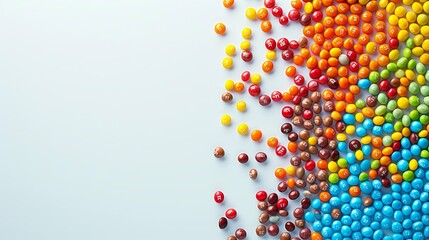 Rainbow-colored Skittles candies scattered on a light blue background.
