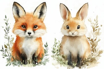 Fototapeta premium A watercolor illustration of a fox and a rabbit amidst greenery.