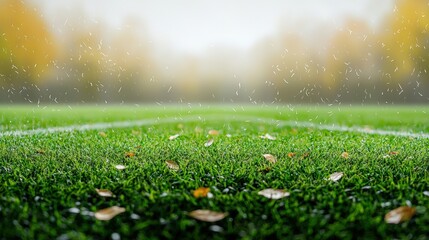 Obraz premium A field of grass with leaves scattered across it
