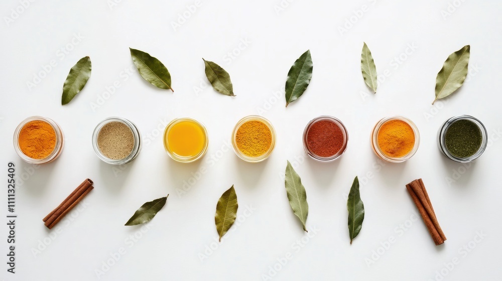 Poster vibrant spices in small jars are artistically arranged with bay leaves and cinnamon sticks, perfect 