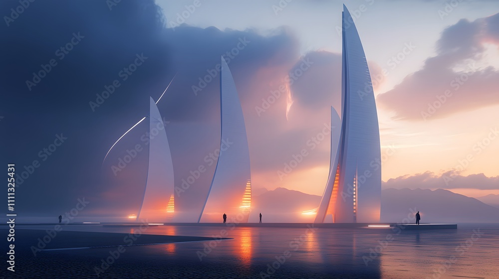 Poster a futuristic building with three wind turbines on top of it. the building is lit up at night, giving