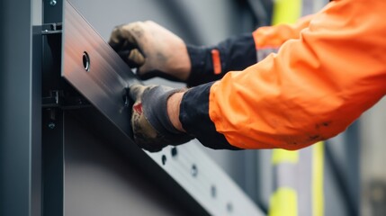 A close-up of a construction worker assembling modular components for a temporary event structure, Event structure construction scene, Modular assembly style