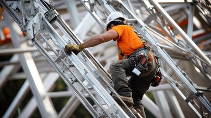A close-up of a construction worker assembling modular components for a temporary event structure, Event structure construction scene, Modular assembly style