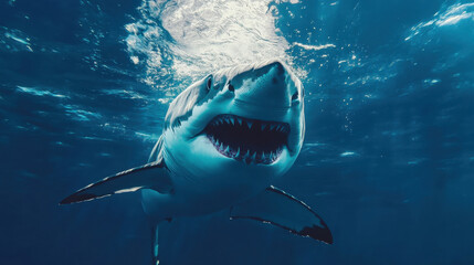 Fototapeta premium Majestic great white shark swimming underwater, showcasing its powerful presence and sharp teeth. captivating view of marine life in its natural habitat