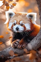 Fototapeta premium Adorable Red Panda in Autumn Setting Captured with Natural Light