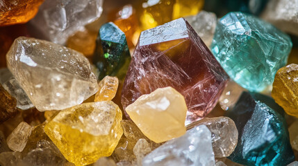 Macro shot of precious stones shining with vibrant colors and reflections. intricate details and textures of crystals create mesmerizing visual experience