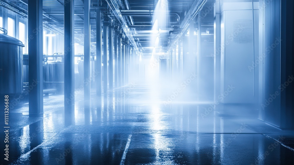 Poster ethereal blue mist in industrial space with reflective surfaces and soft lighting creating a mysteri