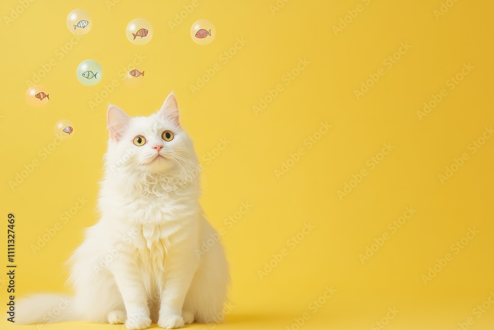 Poster a fluffy white cat curiously gazes upwards at whimsical floating bubbles containing colorful fish, s