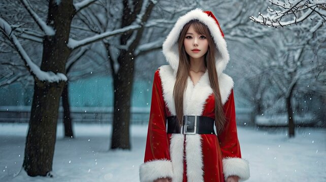A full body portrait, Santa Claus costume in Japanese anime cartoon. cute woman. long brown hair, with light blue-black eyes, white skin, wear Santa Claus outfit. she is embodies femin