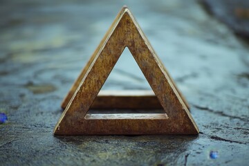 A wooden triangle, standing on the ground, centered in the frame, with a perspective view, captured...