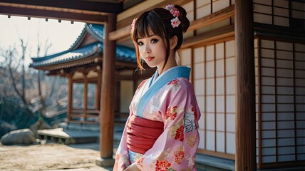 Fototapeta premium A full body portrait, traditional Japanese costume in Japanese anime cartoon. Ranma is cute woman. pigtail with shain red hair, with light blue-black eyes, white skin, wear long pink Japanese Yukata. 