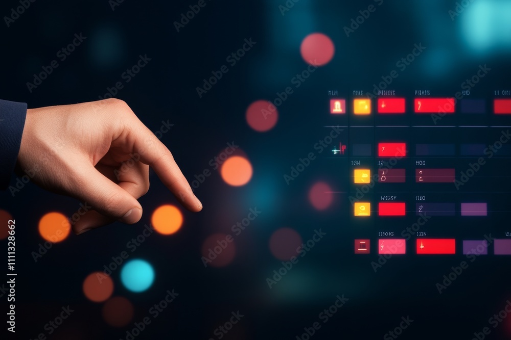 Poster hand pointing at a colorful digital interface with blurred lights.