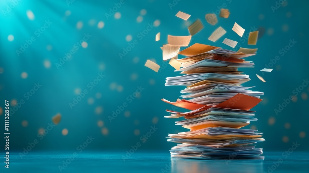 Aufkleber stack of documents with bright background and floating papers.
