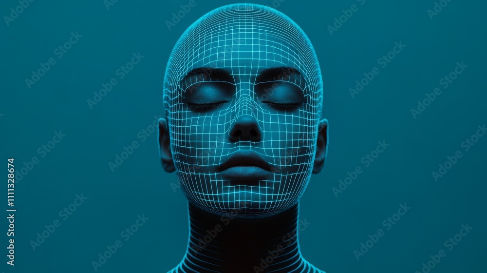 Poster digital representation of a serene human face with grid patterns.