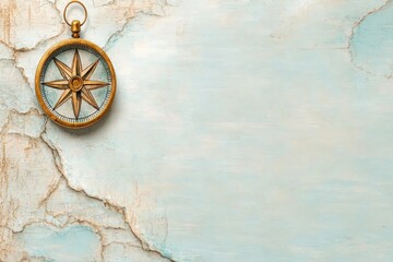 Naklejka premium A delicate watercolor painting of a compass with soft blues and golds, set against a faded map background